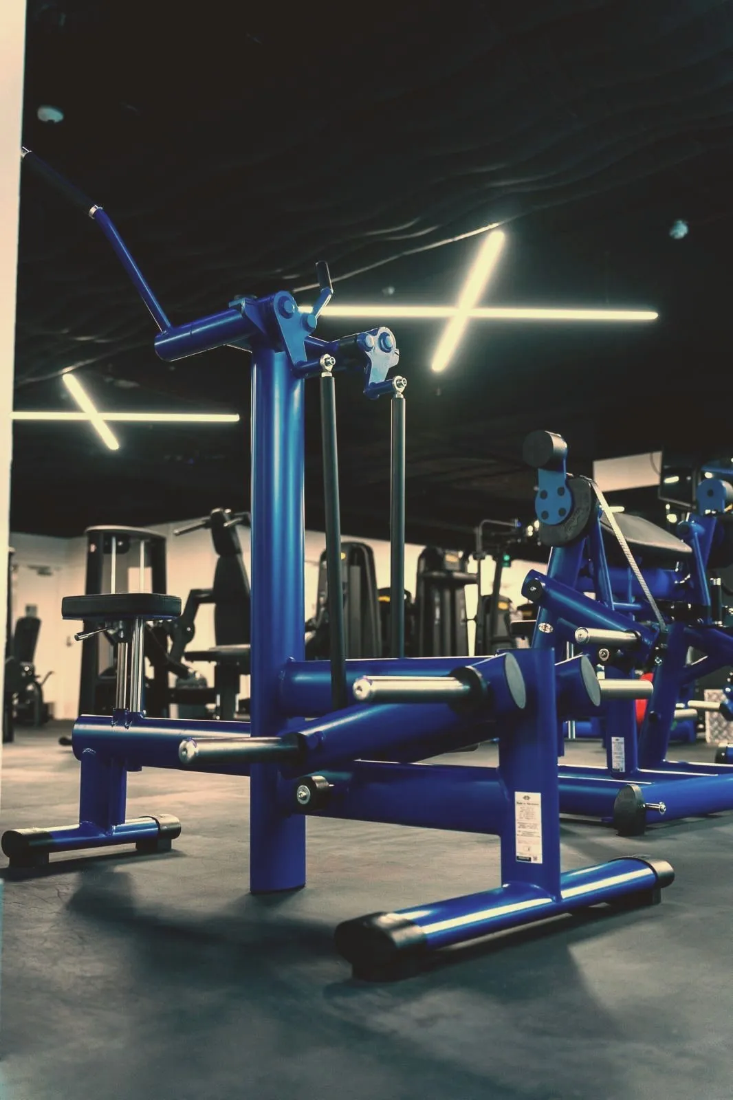 A plate-loaded lateral-raise machine standing alone on the machine floor, its blue frame under the crossed light bars overhead, a row of machines soft in the dark behind.